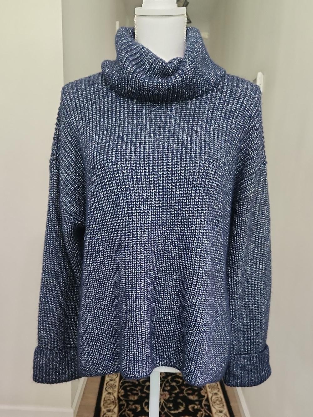 LOFT Metallic Blue Marled Cowl Neck Chunky Knit Sweater M Oversized Shimmer